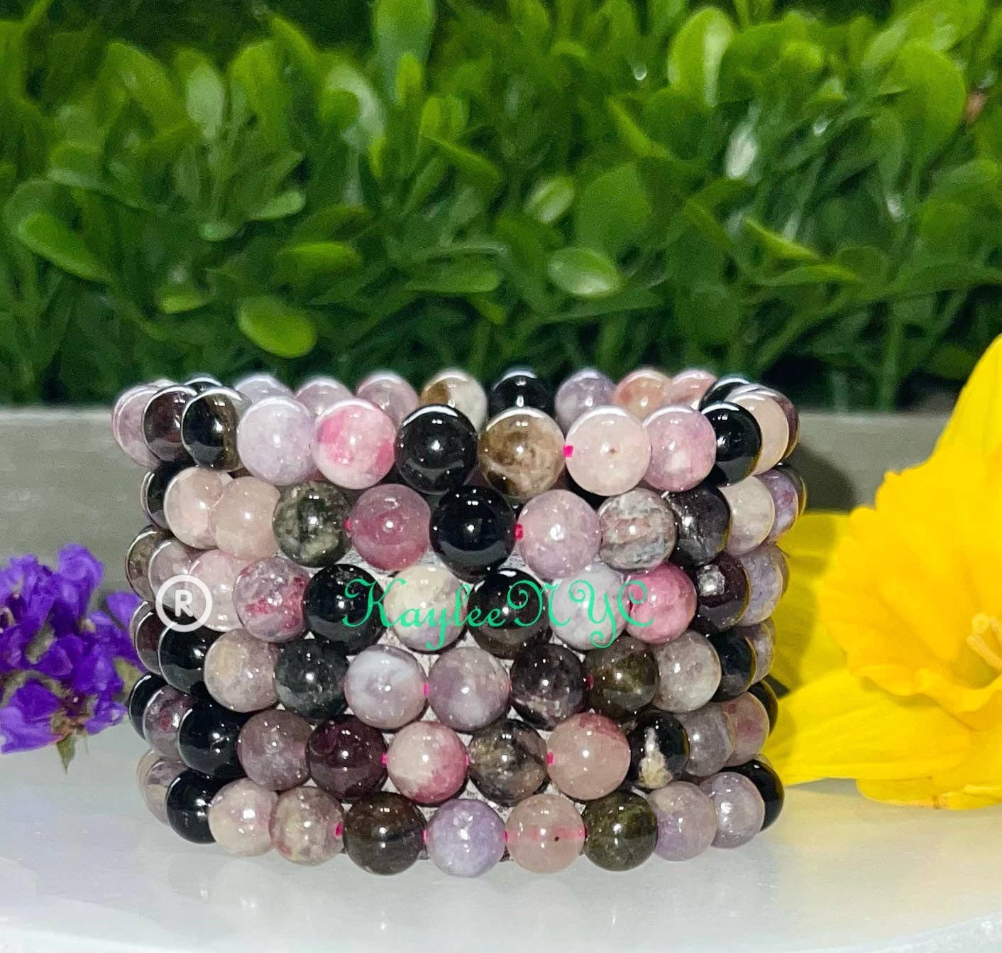 KayleeNYC - Venta al por mayor Pulsera de cuentas - Pulsera elástica natural de turmalina sandía de 8 mm y 7,5".2