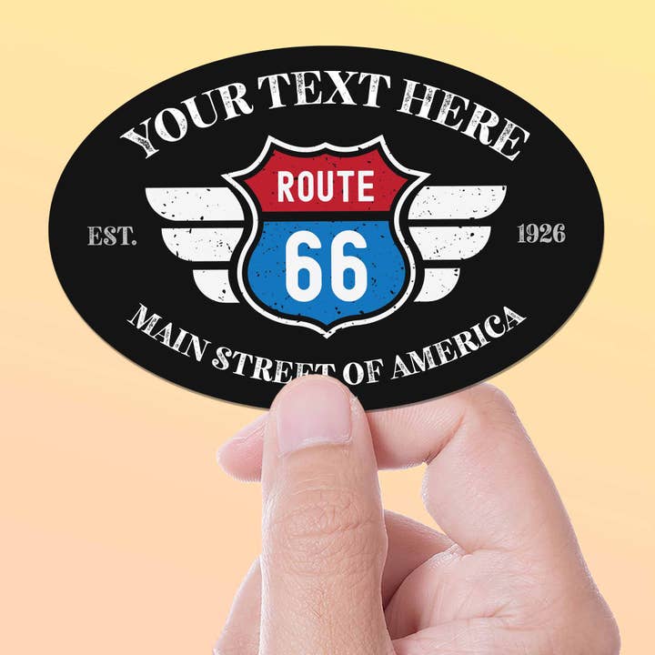 Custom Route 66 Stickers - Name Drop Black Oval Decals for wholesale by Sentinel Supply