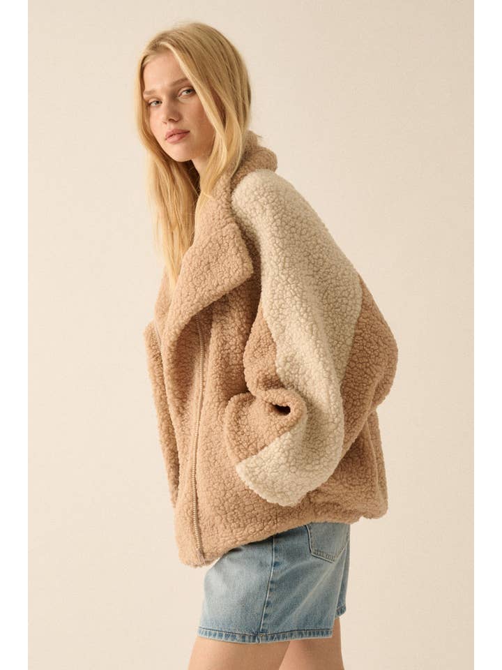 Coconut Milk Camel Colorblock Sherpa Fleece Zip-Up Jacket for wholesale on Faire9
