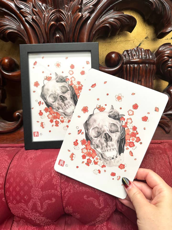 "Lady Death & Baby Bat" Framed Art Card & Single Cards for wholesale by Stephanie Inagaki