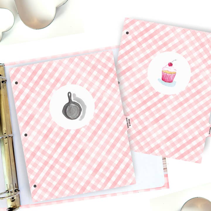 Recipe Binder Tab Dividers -Pink Gingham watercolor for wholesale by Rural Girl Studio