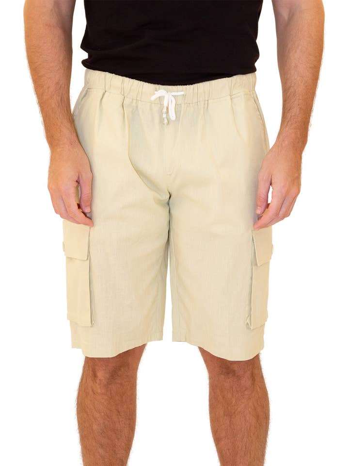 193120 - Khaki Leinen-Shorts mit Kordelzug und Cargo-Taschen für den Großhandel von Bespoke Moda