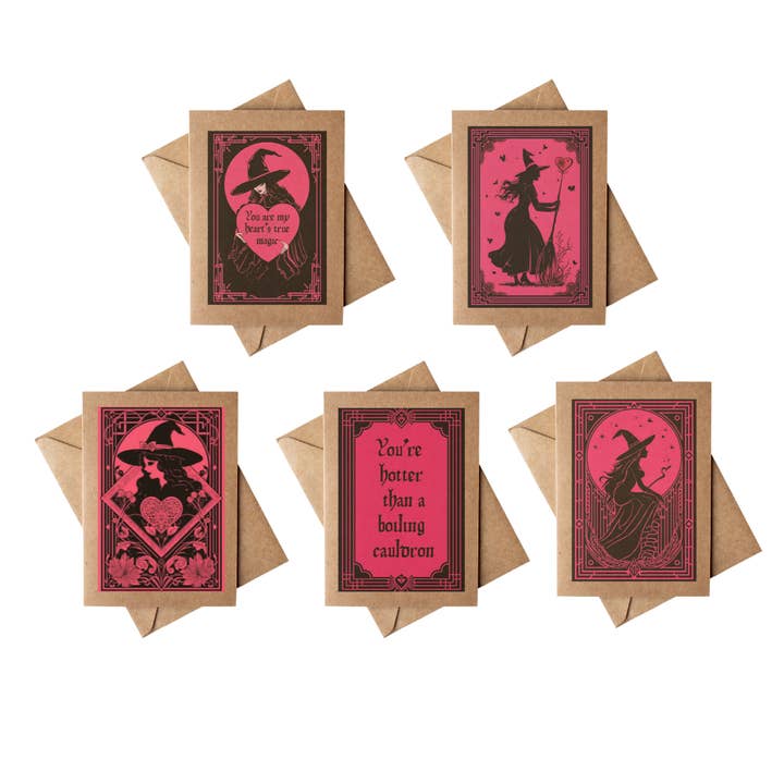 Spooky Valentine Witch Brown Kraft Notecard Boxed Set for wholesale by Cryptic Paper Co.