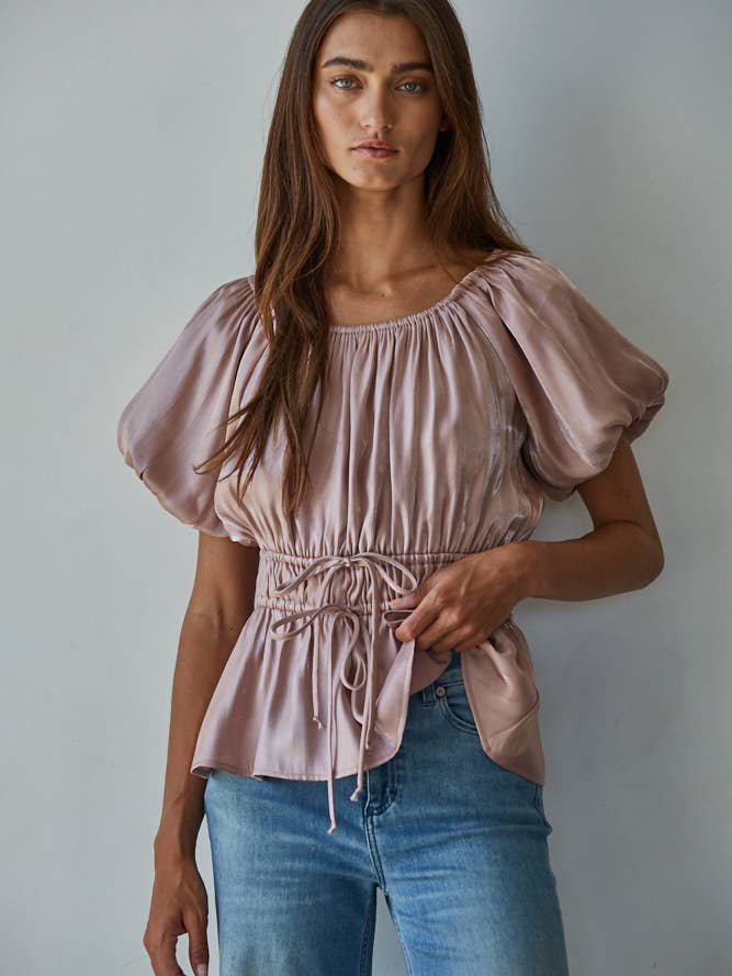 L9132 | Woven Balloon Short Sleeve Peplum Top for wholesale by By Together