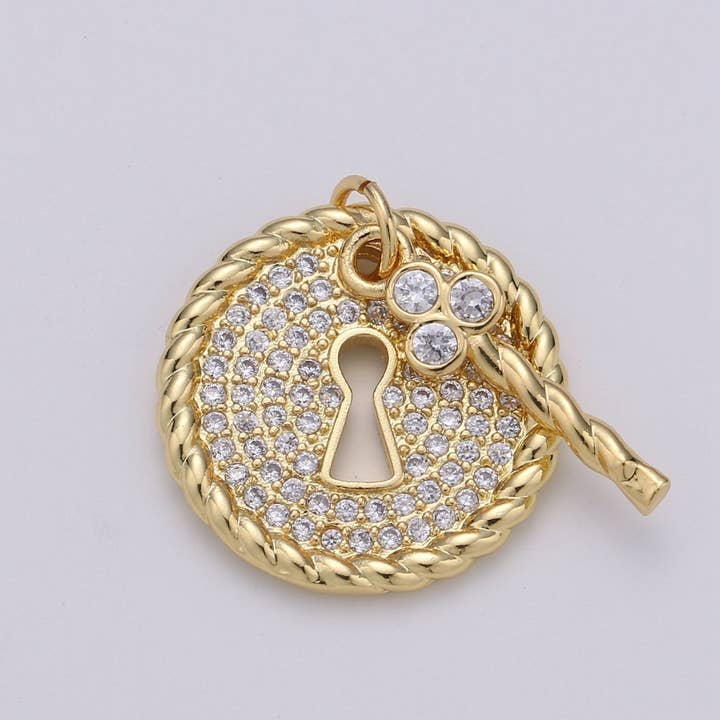 24k Gold Filled Micro Pave CZ Heart Key Pendant Charm, Micro Pave CZ Key Pendant Charm, Gold Filled Lock Pendant, For DIY Jewelry D-362 for wholesale by Aim Eternal