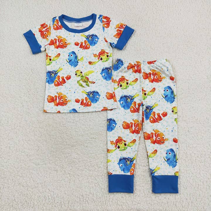 Aier Wholesale - Wholesale Sleepwear Set - Kids - Baby Boys Fish Turtle Tops Pants Pajamas Clothes Sets