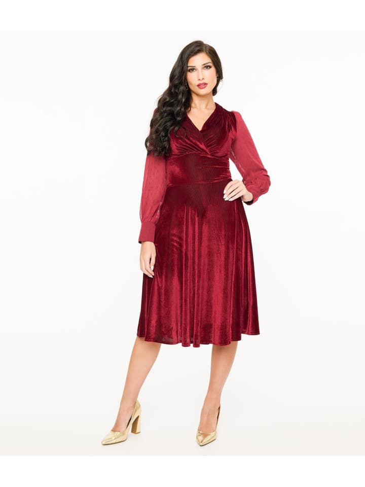 Unique Vintage - Wholesale Dress - Women's - Unique Vintage 1950s Berry Velvet Sheer Sleeve Delores Swing Dress