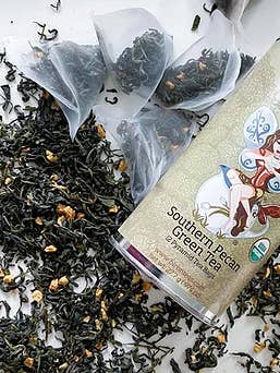 Southern Pecan Green Tea Tin- 12 ct In Pyramid Bags for wholesale by Biron Organic Teas