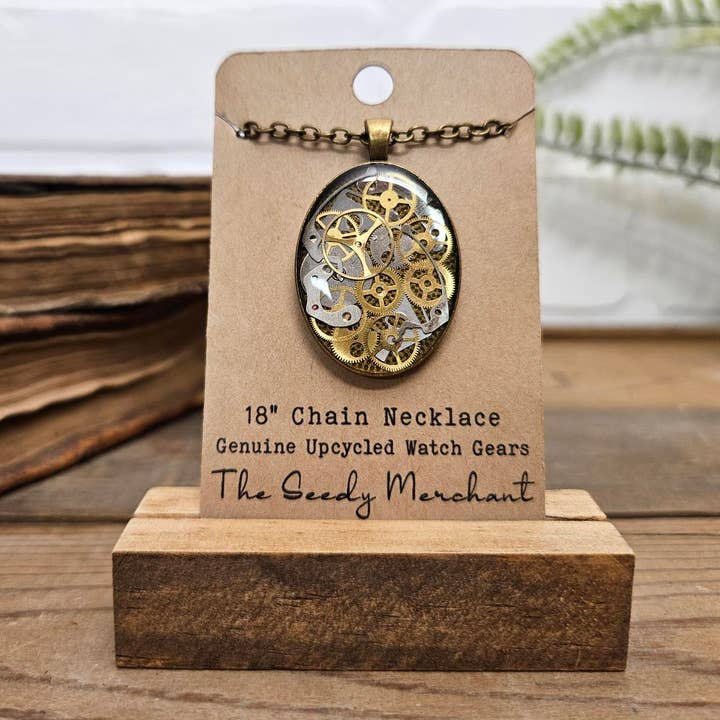 The Seedy Merchant - Wholesale Pendant/Charm Necklace - Steampunk Bronze Oval Necklace Upcycled Watch Parts Gears