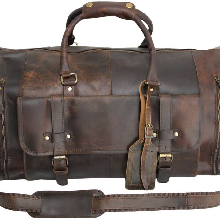 hide & chic - Wholesale Weekender bag – Unisex - Quality Full Grain Genuine Leather Travel Bag with Adjustable Shoulder Strap. FREE Leather Apple Air-tag Holder.28