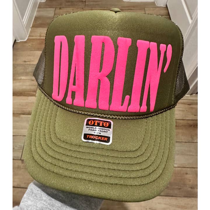 Southern Attitude Designs Inc - Wholesale Trucker Hat - Women's - 3D Puff Vinyl Darlin Neon Pink on Olive Foam Trucker Hat