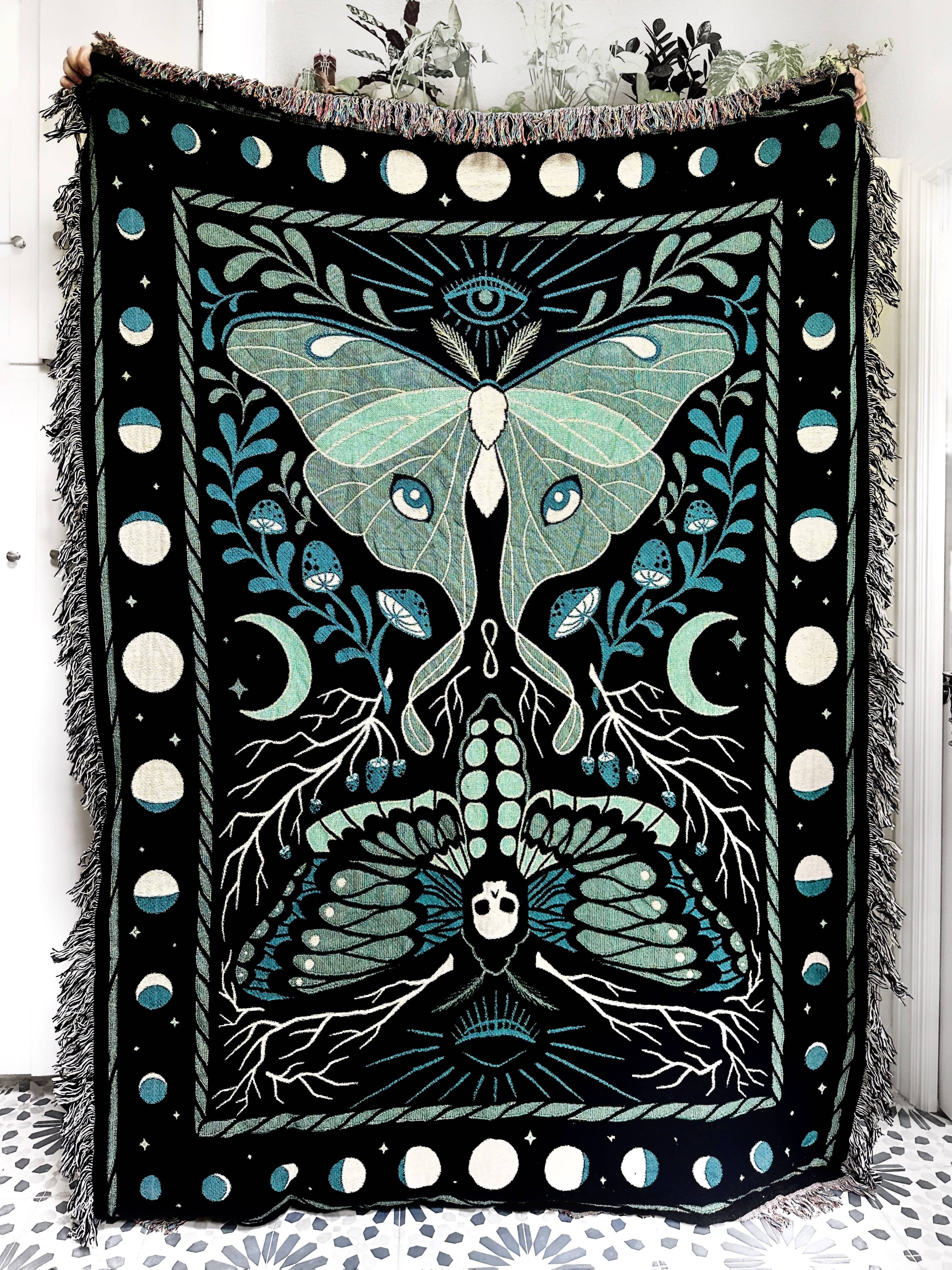 Elissa Marie Creative - Wholesale Throw Blanket - Moths Woven Throw Blanket | moons | mushrooms | witchy4
