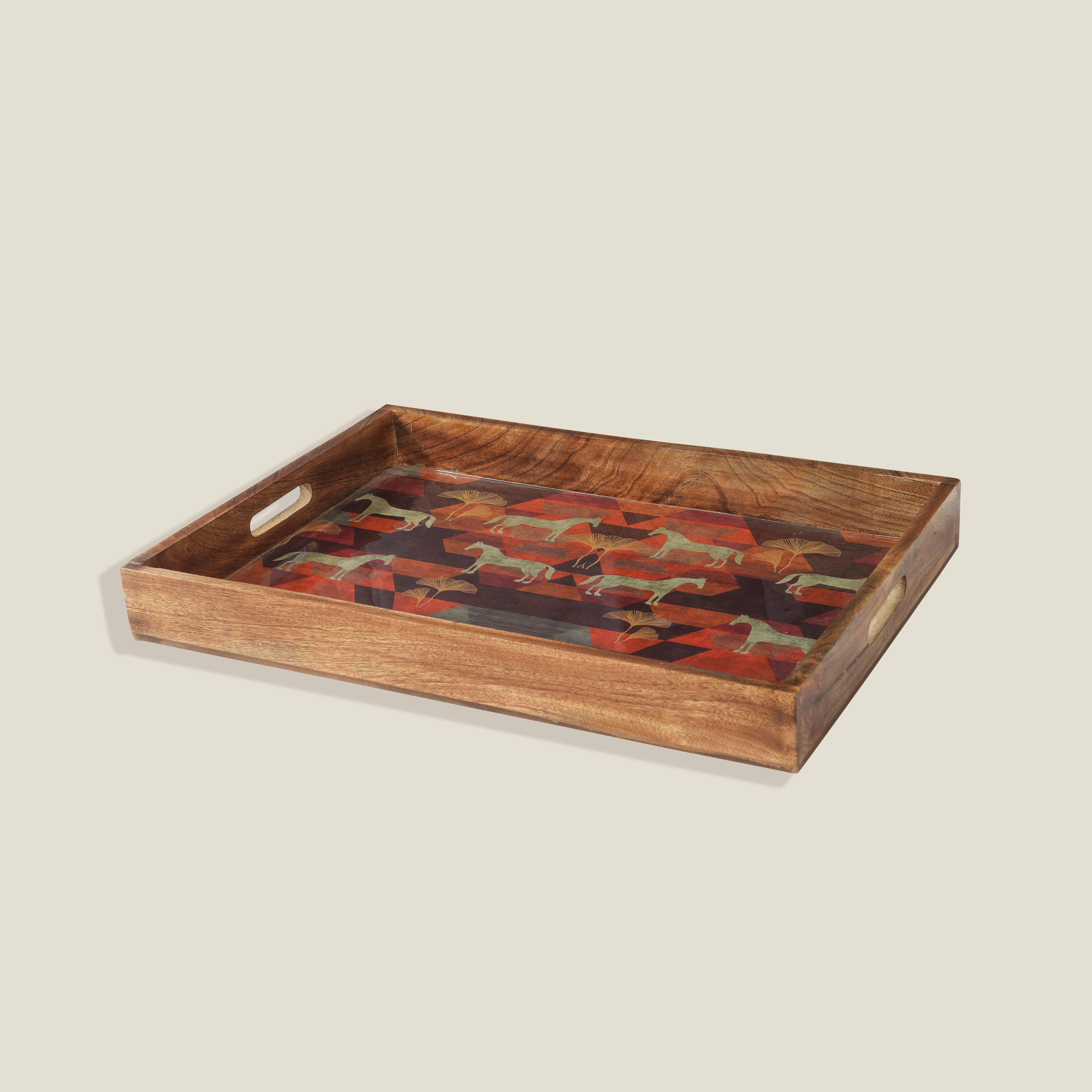 Tiramisu - Vente Plateaux décoratifs - Ensemble de 3 plateaux décoratifs en résine et bois motif chevaux2