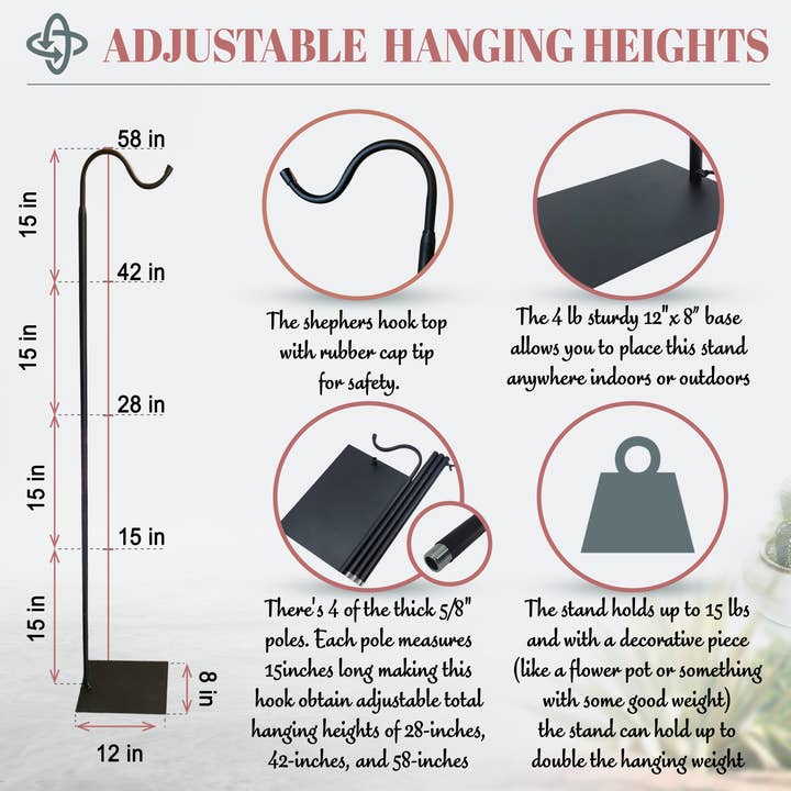 The Wind Chime Co - Wholesale Garden/Lawn Stake - 60" Adjustable Heavy Duty Shepherd's Hook Floor Stand Garden Hook for Outdoor, Hanging Plant, Solar Lights, Lanterns, Bird Feeders and Wedding Decor2