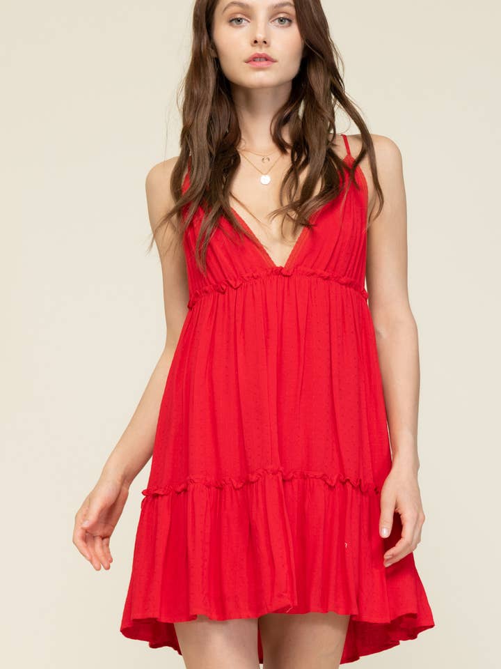 70525 RED- DEEP V-NECK MINI DRESS WITH TIE BACK DETAIL for wholesale by Newbury Kustom