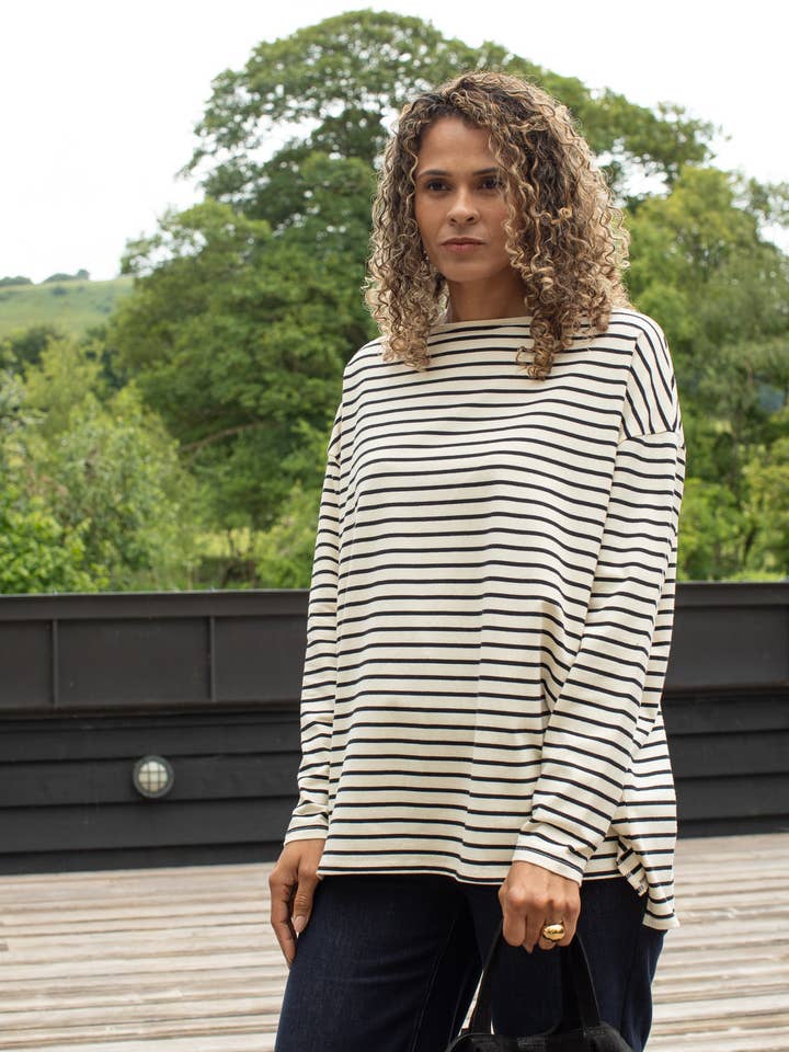 CHALK - Wholesale T-shirt (Zonder tekening) - Dames - Bryony Streeptop | Zwart / Crème2