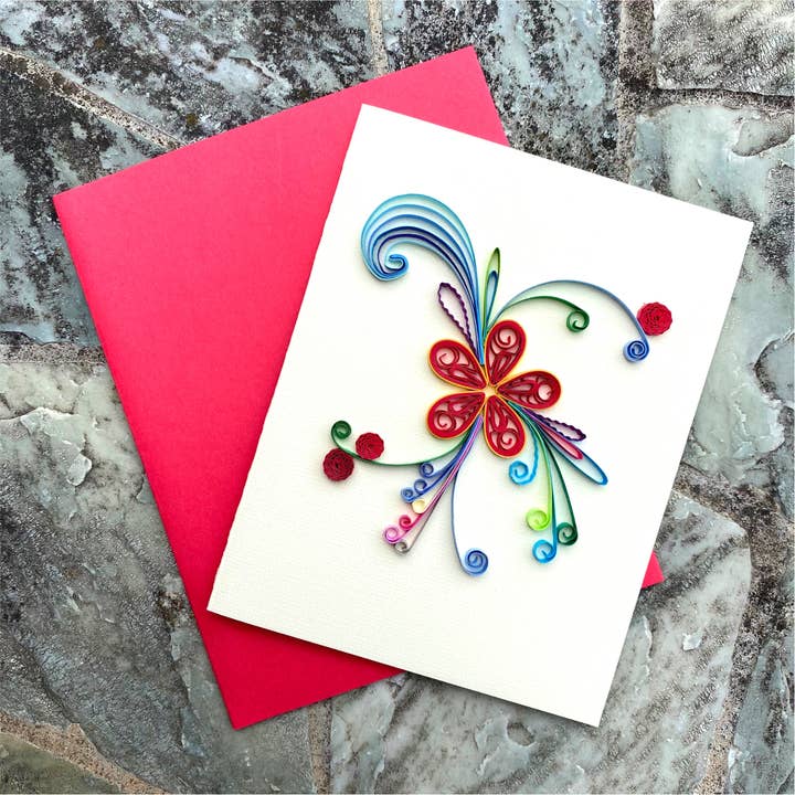 Red Yellow Flower Paper on Card - Unique Quilling Art Gift to Surprise Your Loved One (C66) for wholesale by MonkeyDragonPaper
