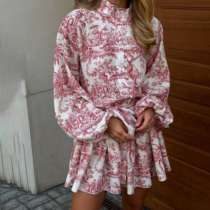 HIDDENBRAND - Wholesale Dress - Women's - Vintage dress with puffy sleeves and lace-up in ink print