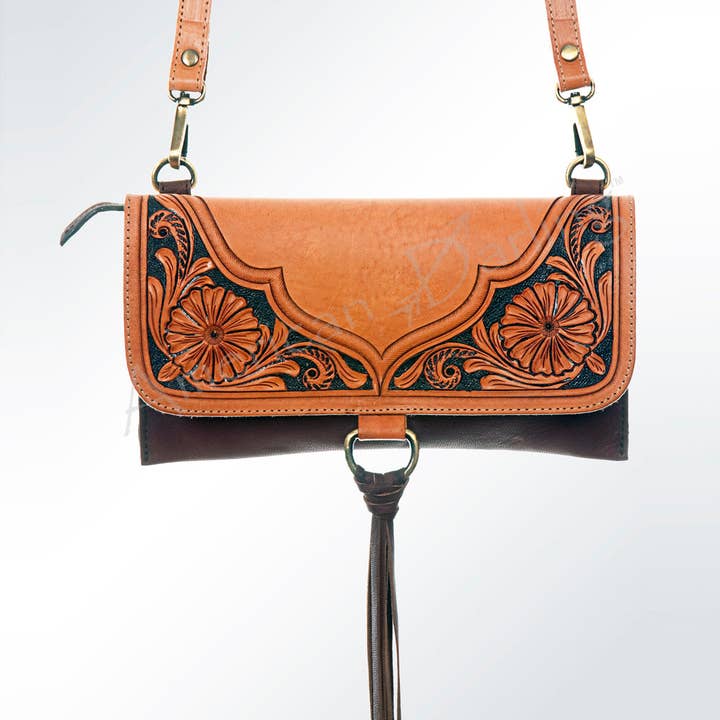 LC-ADBGI113 Western Leather Crossbody Bag - Tooled Floral Design with Fringe Tassel for wholesale by LS Western
