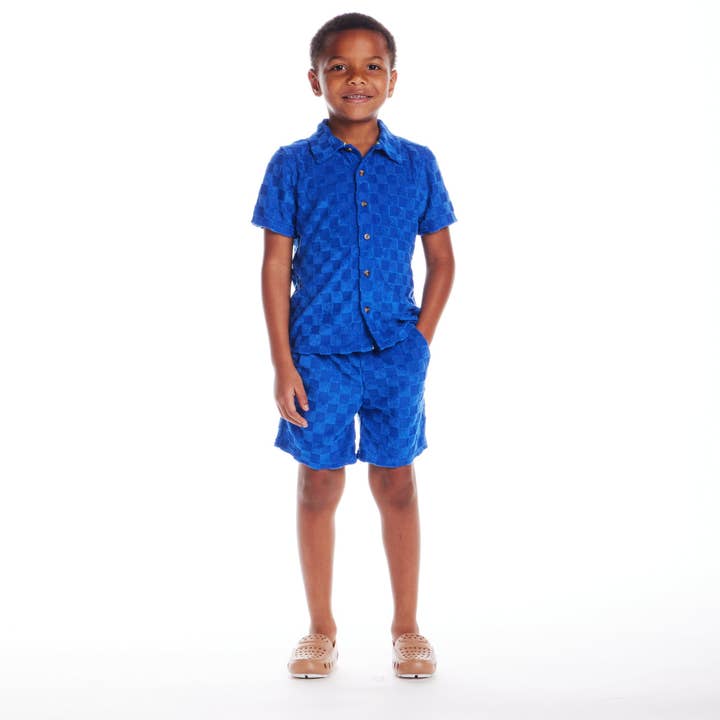 Kids (2-8) Textured Terry Shirt & Short Set| Blue Check for wholesale on Faire