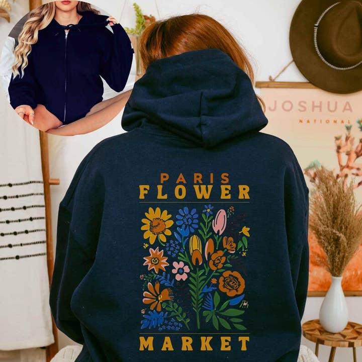 Paris Flower Market Zip Up Hoodie | Graphic Floral Hoodie for wholesale by Sisterly Gifts Shop