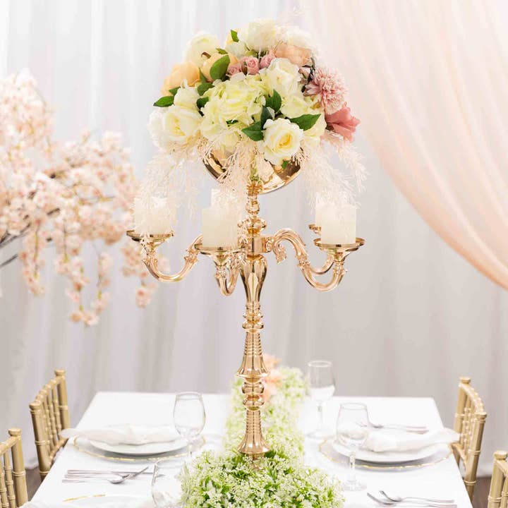 Metal 5 Arm Candelabra with Flower Bowl 33.25" - Gold for wholesale on Faire