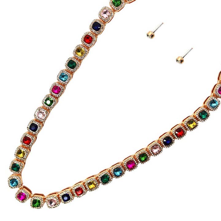 Mehrfarbiges Kristall-Halsketten-Set mit Ohrsteckern MNE-8486 für den Großhandel von Oblige by G