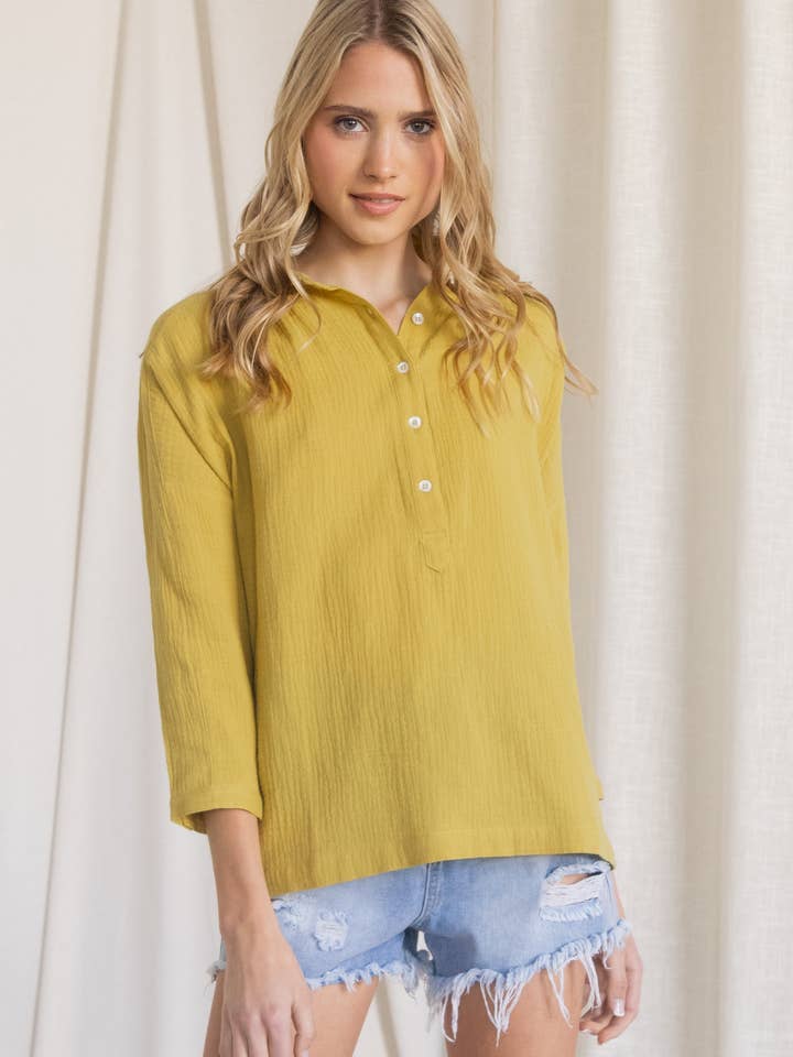 Gauze Dolman Sleeve Collared Top with Buttoned Neckline for wholesale by Before You Collection
