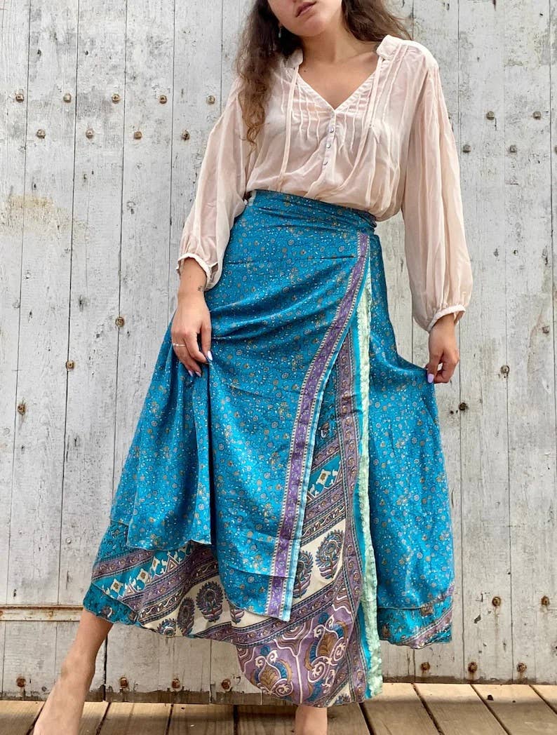 Meghcraft - Wholesale Skirt - Women's - Recycled Vintage Silk Sari Wrap Skirt-Reversible Long skirt 4