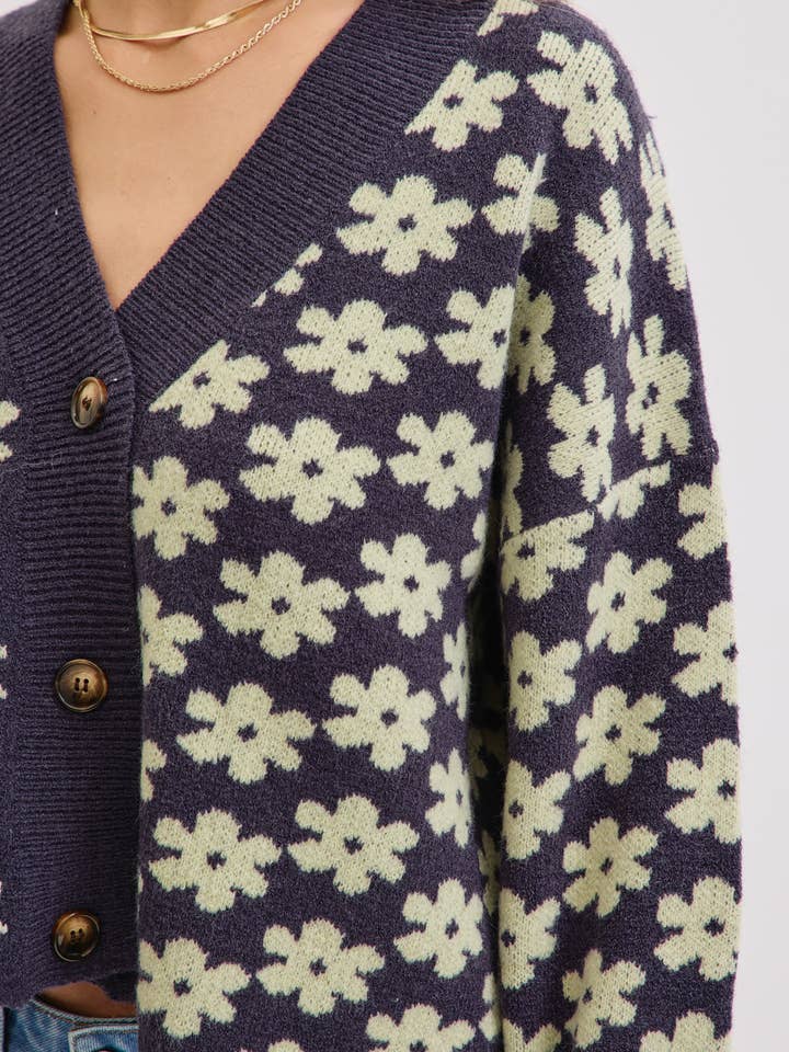 NAVY COZY PLAYFUL CASUAL FLORAL PRINT SWEATER KNIT CARDIGAN for wholesale on Faire10