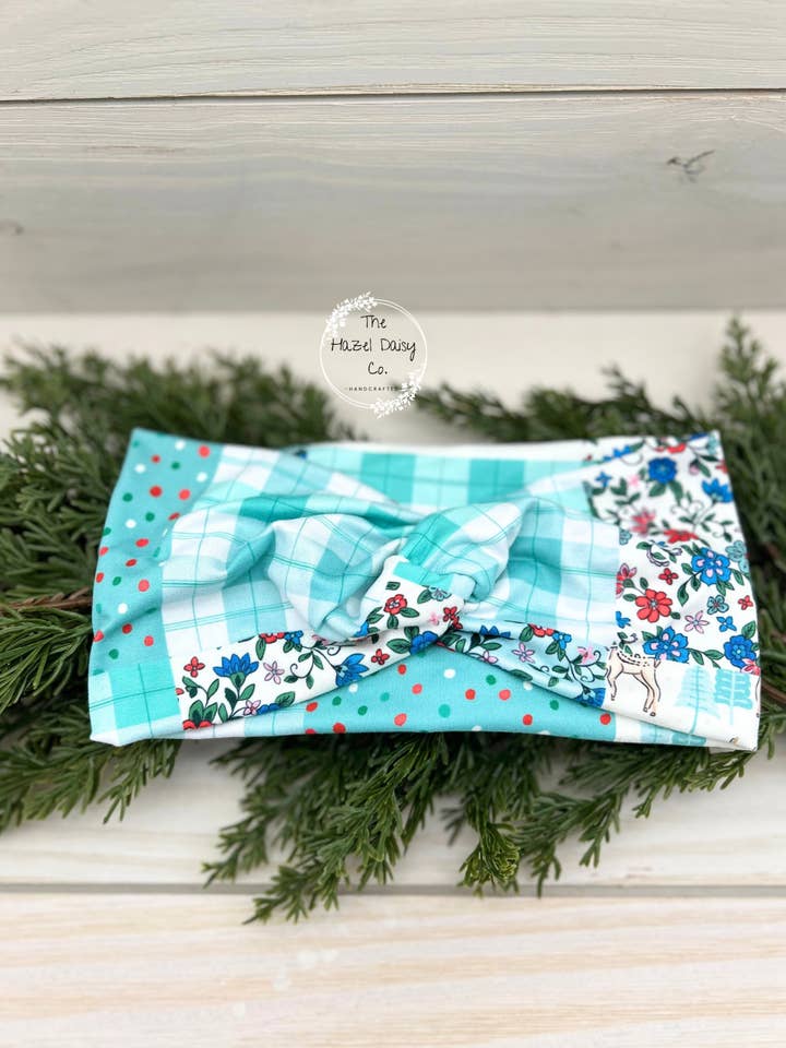 Blue Christmas Patchwork Front Knot Headband for wholesale by The Hazel Daisy Co
