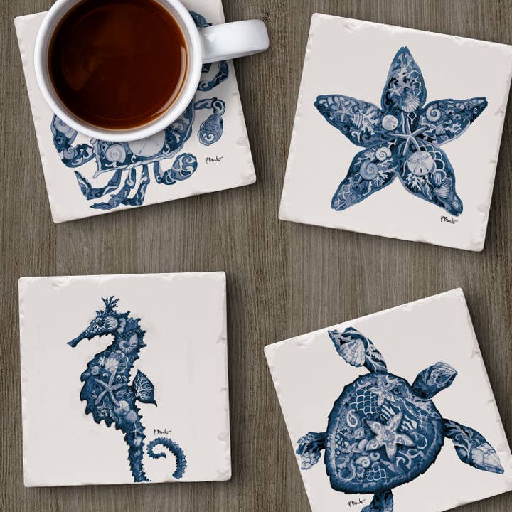 CounterArt/Highland Home/Thirstystone - Vente Sous-verre - Lot de 4 sous-verres à carreaux Nassau Sea Life avec images assorties3