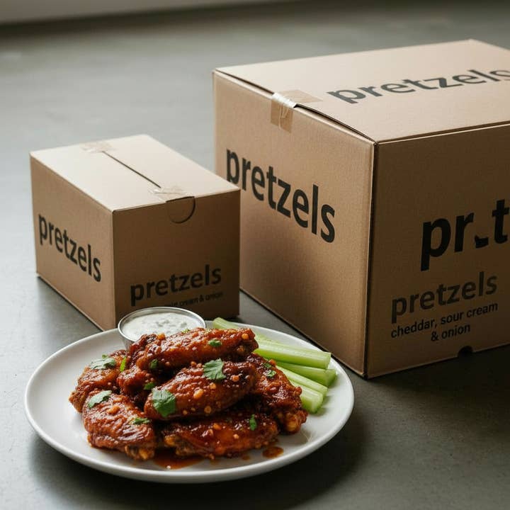 Bulk Box Garlic Hot Wing Flavored Hard Pretzels for wholesale by Sweet G's Bakery - Drinkin’ Pretzels™