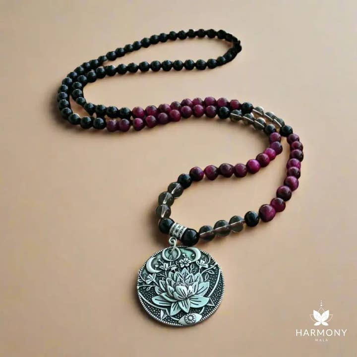 Pink Tiger Eye, Smoky Quartz, and Black Onyx Mala Necklace for wholesale by Harmony Mala