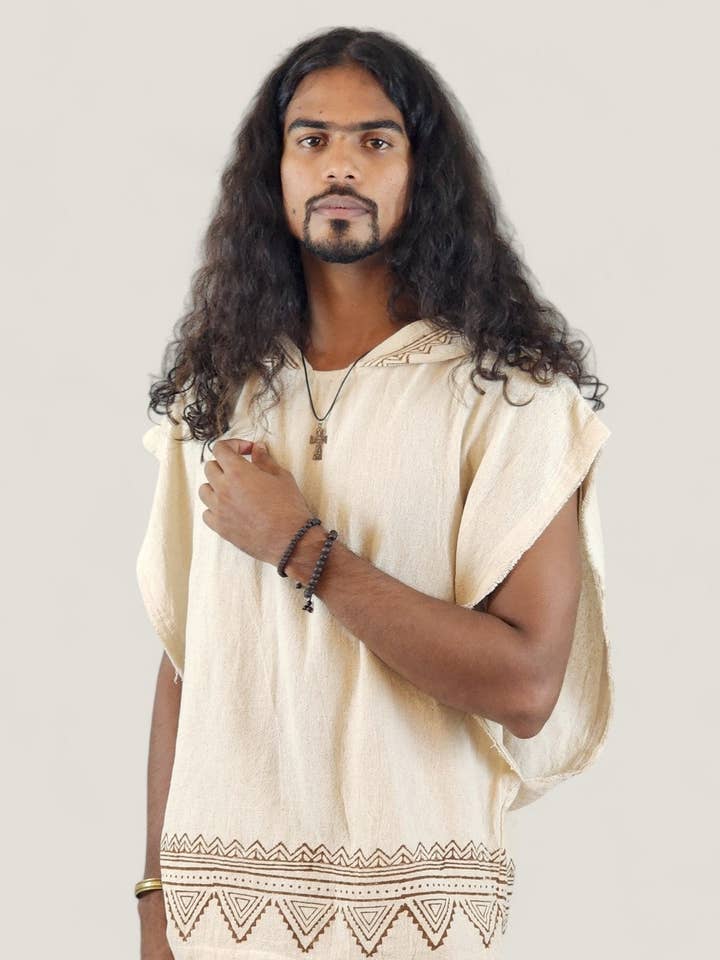 Organic Cotton Tribal Block Printed Men's Shirt with Hood for wholesale by Sacred Ceremony