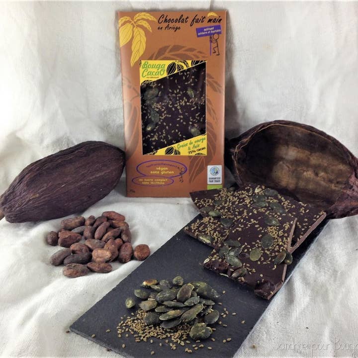75% squash grains & anise chocolate bar, 70g for wholesale by Bouga CacaO