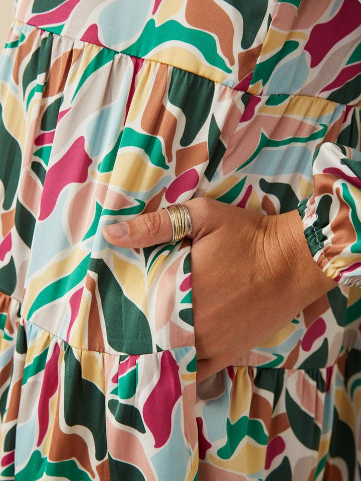 Magenta Mix Womens Abstract Floral Tiered Ruffle Neck Satin Dress for wholesale on Faire4