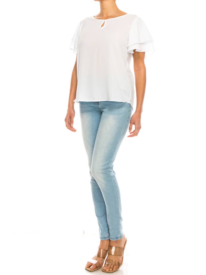 MOA COLLECTION - Wholesale Blouse - Women's - Casual Solid Flowy Short Flutter Sleeve Key Hole Blouse35