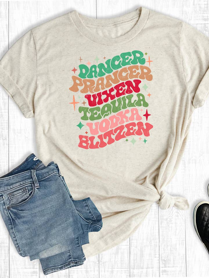 Avena Christmas Dancer Prancer Vixen Tequila Vodka Blitzen Tee in vendita all'ingrosso su Faire0