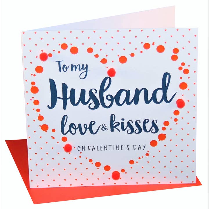 Valentinsdagskort, Hjerte, Til min mand, kærlighed, Pyntet med pomponer for engroshandel hos Claire Giles Ltd