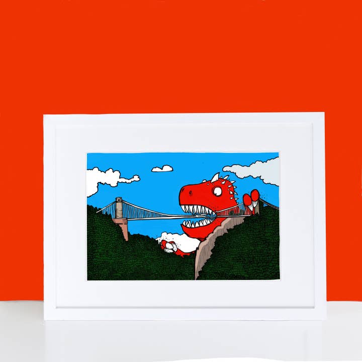 Dinosaur Vs Clifton Suspension Bridge Print - Bristol for wholesale by Dixon Does Doodles