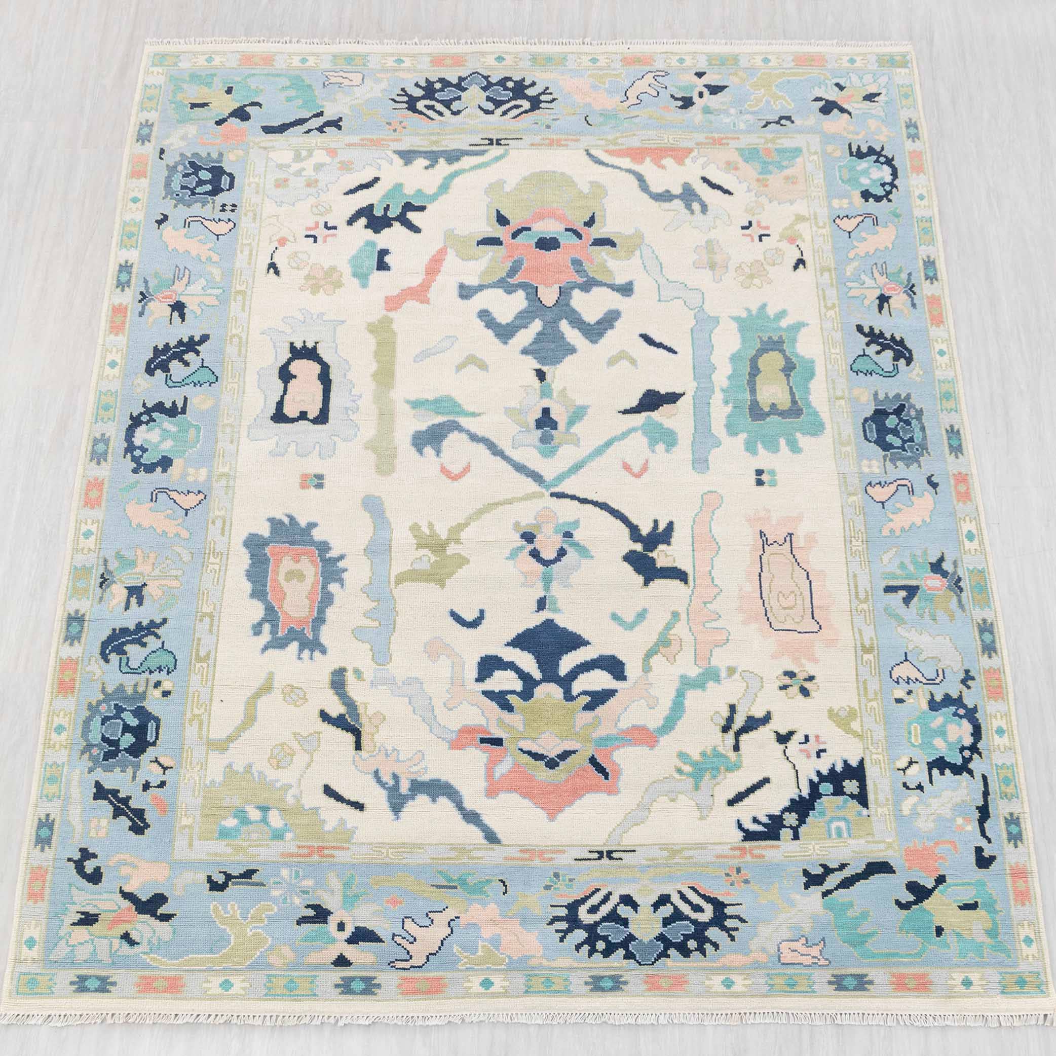 Aesthetic Homes LLC - Vendita all'ingrosso Tappeto - Tappeto in Stile Turco Oushak in Lana Avorio Blu Neutro JC-57572