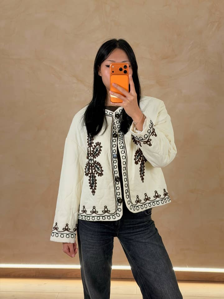 Quilted jacket with long sleeves Embroideries J52057 for wholesale by Joyna