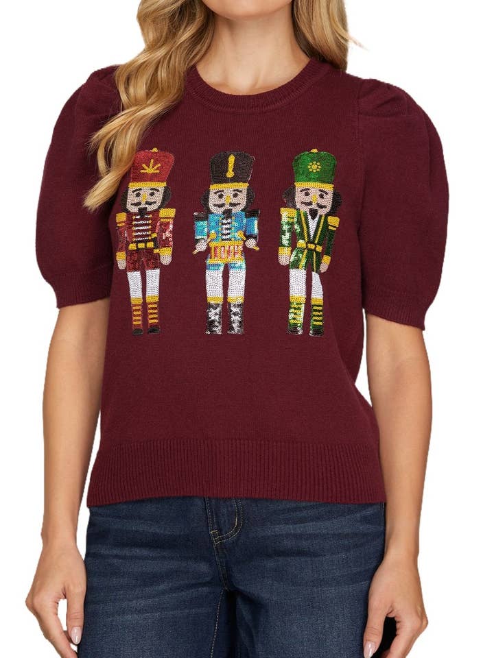 Nutcracker Sequin Patched Sweater Top for wholesale by Vanilla Monkey