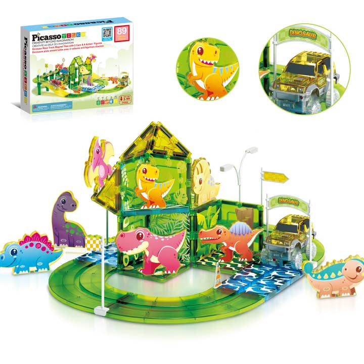 Ensemble de construction PicassoTiles piste de course dinosaure 89 pièces pour la vente par PicassoTiles