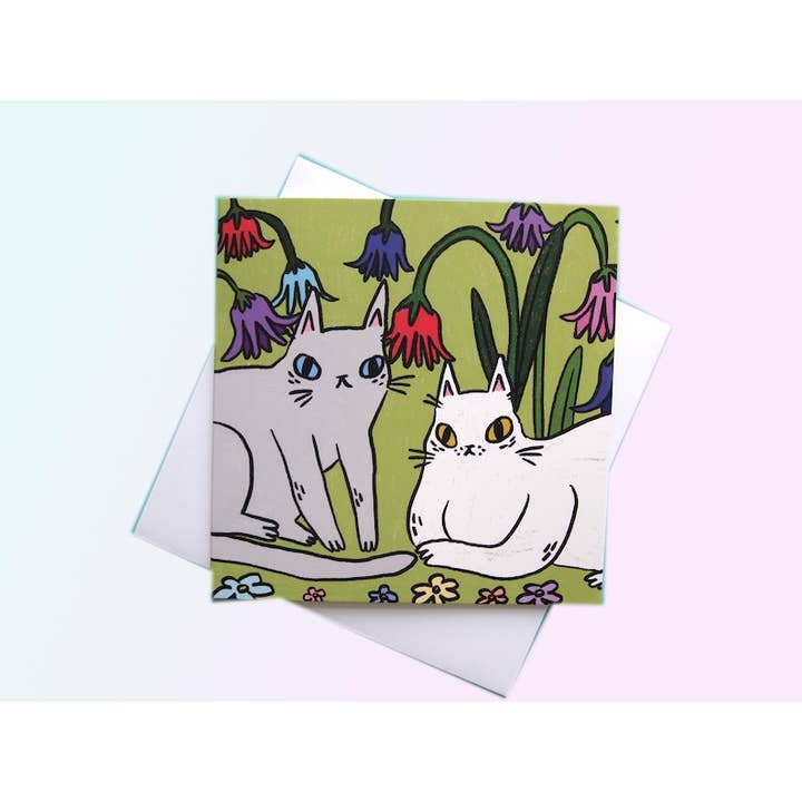 Blomstkatte firkantet illustreret lykønskningskort for engroshandel hos I LIKE CATS