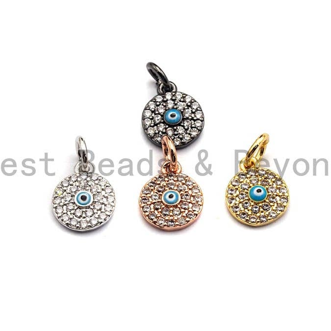 CZ Micro Pave Round Evil Eye on Disc Pendant, Cubic Zirconia Pendant, Silver/Gold/Rose Gold/Black Tone, 8x10mm, Sku#Z383 for wholesale by BestBeads&Beyond