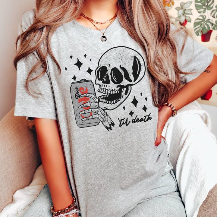 Par.tees by Party On! - Wholesale Screen Printed T-Shirt - Women's - Diet Coke Lover Skull Funny Caffiene Coffee Shop Graphic Tee
