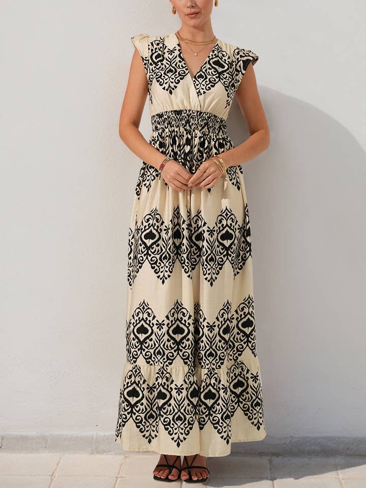 Bohemisk mönstrad maxiklänning med hög midja och fladdrande ärmar BFZY1508 för wholesale av UNISHE