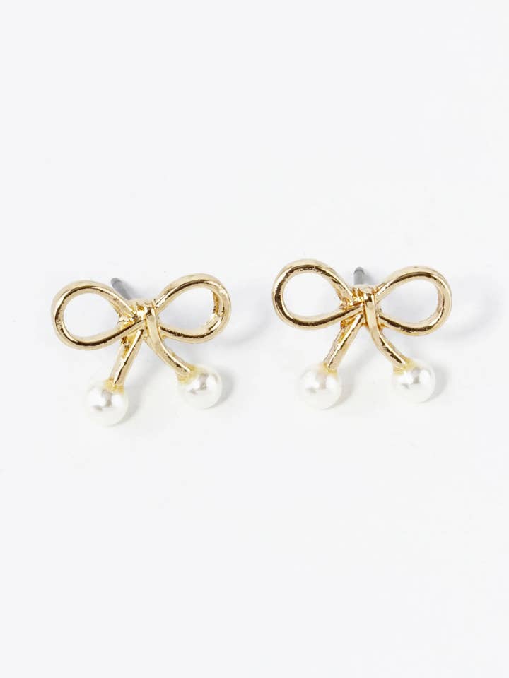 10Mm Color Coated Wire Ribbon Bow Pearl Stud Earrings for wholesale by Wild Honey